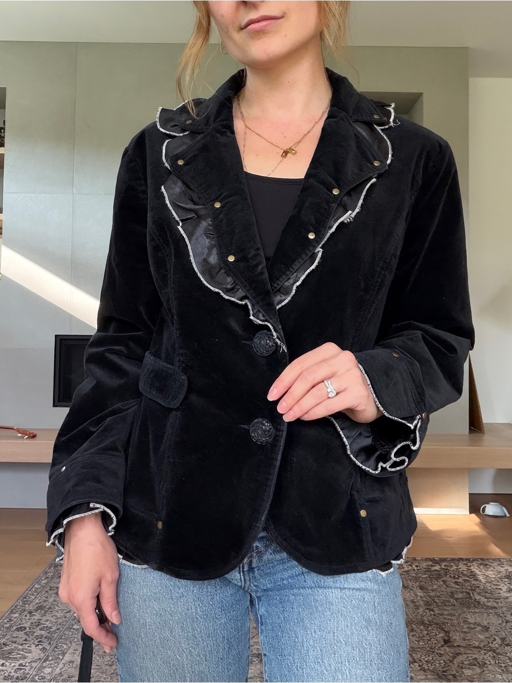 Vintage Black Velvet whimsical Ruffle-Trim Jacket